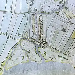 Het Hof van Wena bovenin in de bocht van de Rotte (reconstructie van de situatie omstreeks 1340).