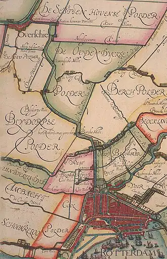 Kaart uit 1611 met de Rotterdamse Schie, door Floris Balthasar.