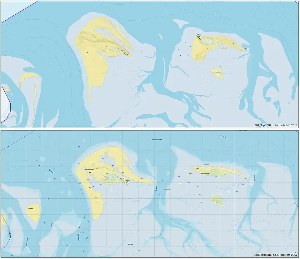 Rottumerplaat en Rottumeroog, topografie op basis van luchtfoto's uit respectievelijk 2011 en 2017