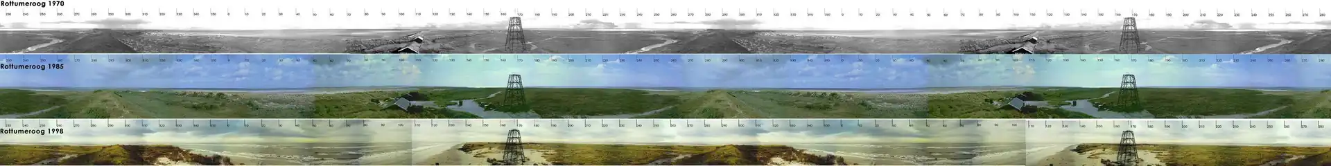 Drie boven elkaar gemonteerde panoramafoto's van Rottumeroog uit respectievelijk 1970, 1985 en 1998. Alle foto's zijn gemaakt vanuit het observatietorentje van de oude (inmiddels gesloopte) voogdswoning op Rottumeroog. Heel goed is te zien hoe de vorm van het eiland in de loop der jaren verandert. De metalen constructie is de Zeekaap.