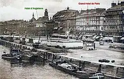 Rouen eind 19e eeuw, met aanduiding hotels waar Pissarro tijdens zijn verblijven logeerde.