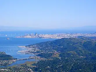 Zicht op San Francisco vanaf Marin County. Marin City ligt in het midden van de foto, waar de U.S. Route 101-brug land raakt.