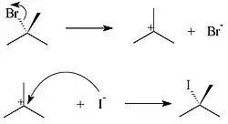 SN1 reactie van 2-bromo-2-methylpropaan met jodide