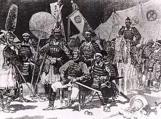 Takamori Saigo (gekleed in Westers uniform) met zijn officieren.