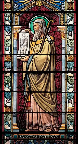 Glas in lood van Pothinus in de heilige Ireneüs kerk in Lyon door Lucien Begule.