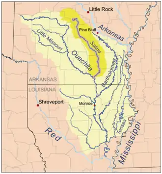 Stroomgebied van de Saline (donkergeel) in het stroomgebied van de Ouachita