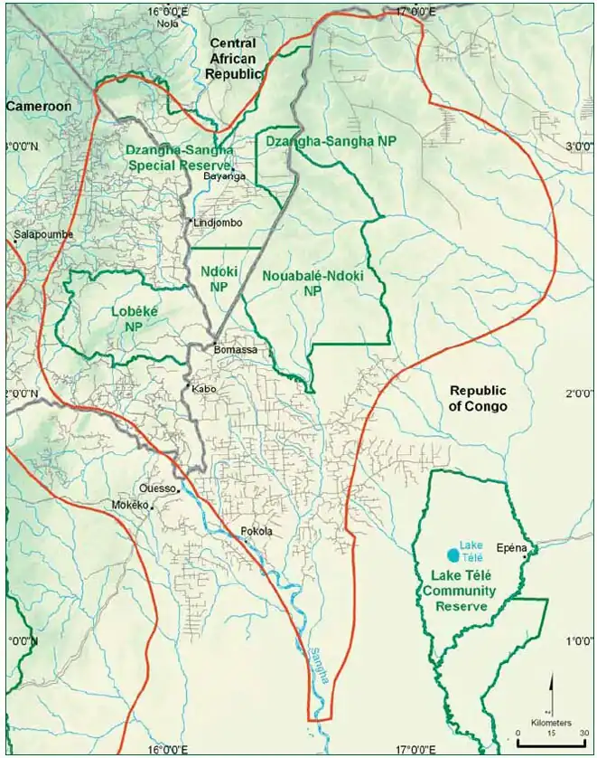 Sangha Trinational (rood omlijnd)