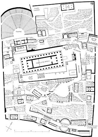 Plattegrond van Delphi, met onder andere de tempel gewijd aan Apollo (die daarvoor aan Artemis was gewijd)