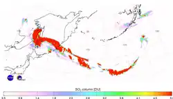 zwaveldioxidewolk veroorzaakt door de uitbarsting van 2009 (in dobson).