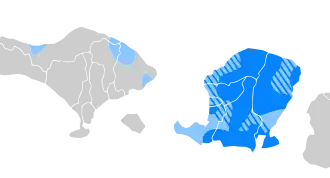 alt=Verdeling van Sasak in Indonesië
■&nbsp;Sasak is de moedertaal en de meerderheidstaal. 
■&nbsp;significante minderheid spreekt Sasak.