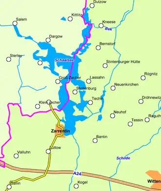 Kaart Schaalsee, Dutzow ligt helemaal bovenaan. In paars: de grens tussen SH en MVP.