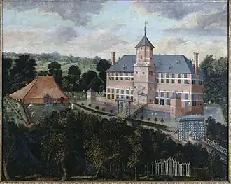 Scheltkema-Nijenstein op een 17e-eeuws schilderij met links het schathuis (gesloopt in 1817)