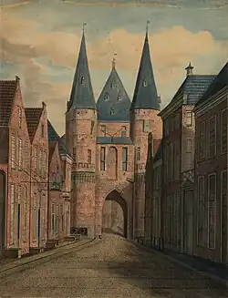 Aquarel van de buitenzijde van de Poelepoort van Schoonbeek (1830, na afbraak)