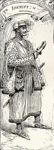De Sheriff van Nottingham, afgebeeld door Louis Rhead in Bold Robin Hood and His Outlaw Band: Their Famous Exploits in Sherwood Forest uit 1912
