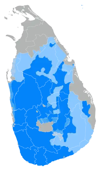 alt=Verdeling van Sasak in Sri Lanka
■&nbsp;Singalees is de moedertaal en de meerderheidstaal. 
■&nbsp;minderheid significant spreken Singalees.