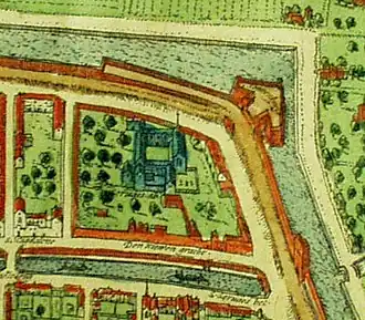 De Sint-Servaasabdij zichtbaar midden in een uitsnede van een stadsplattegrond uit circa 1572 (oost ligt boven in de afbeelding).