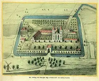 Prent uit omstreeks 1839 met de Sint-Stevensabdij. De prent is gebaseerd op een stadsplattegrond uit circa 1572.