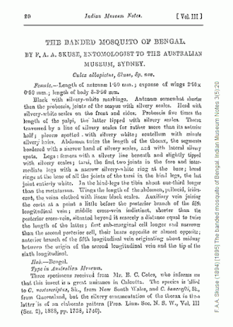 Skuses eerste beschrijving van de Aziatische tijgermug, toen nog Culex albopictus.
