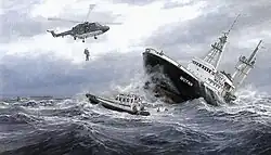 De sleepboot Wotan onderweg naar Algerije in problemen met de op sleeptouw een 70 meter lange droogdok.Uiteindelijk was het schip niet meer te redden en alle bemanningsleden sprongen overboord en allen werden gered door de KNRM.