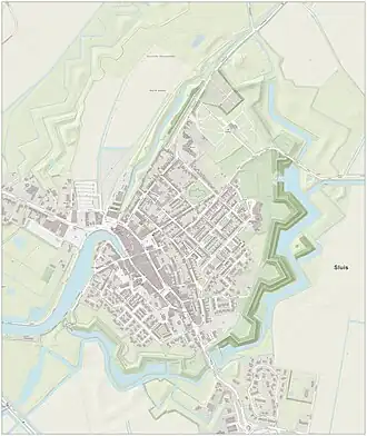 Centrumkaart van Sluis met de oude omwalling