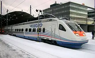 Karelian Trains Class Sm6 "Allegro" op 12 december 2010 te Helsinki centraal station voor vertrek naar Sint-Petersburg, Rusland.