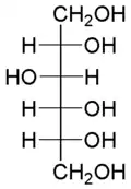 D-sorbitol: De stereochemie is met de fischerprojectie weergegeven.