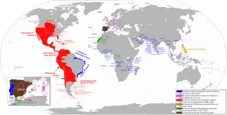 Spaanse rijk op zijn maximale omvang, inclusief gebieden van de Iberische Unie (zijnde een personele unie).