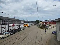 Overzicht van de sporensituatie in de museumstraat Valby Langgade, gezien vanaf de bovenverdieping van de dubbeldekstram FS 50.