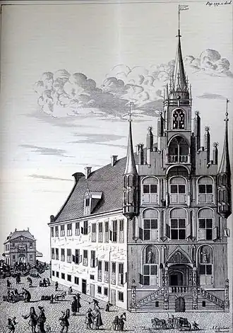 Gravure van het stadhuis van Gouda door Arent Lepelaer omstreeks 1712.Walvis, Ignatius Beschrijving der stad Gouda deel I, (1713), facsimile editie uitgegeven in 1972