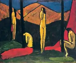 Vier naakten in landschap