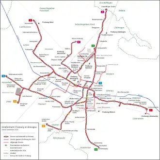 Netwerkkaart van de Tram van Freiburg im Breisgau