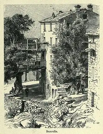 Tekening van dorpsgezicht in Suarella eind 19e eeuw