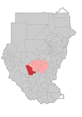 De ligging van het district Abyei in de Soedanese staat Zuid-Kordofan.