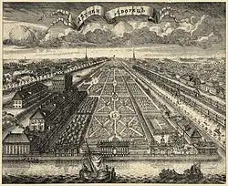 De Zomer Tuinen.in Sint Petersburg aangelegd door Tsaar Peter I van Rusland. Alexey Zubov, Russisch etser, 1716.