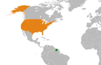 Kaart met daarop Verenigde Staten en Suriname