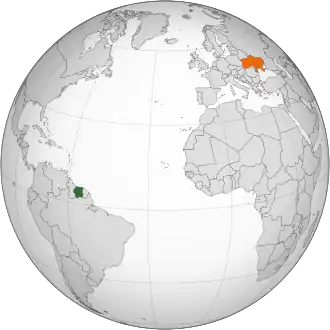 Kaart met daarop Suriname en Oekraïne