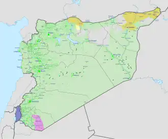 alt=situatie sinds 18 januari 2026 
■&nbsp;In handen van de Syrische overgangsregering
■&nbsp;In handen van Democratische Federatie van Noord-Syrië
■&nbsp;In handen van de Druzen
■&nbsp;Israëlische bezetting
■&nbsp;Russische bezetting in Tartous en Latakia