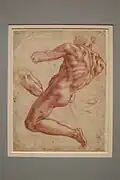 Michelangelo Buonarroti, Een zittend mannelijk naakt, ca 1511, rood krijt gehoogd met loodwit