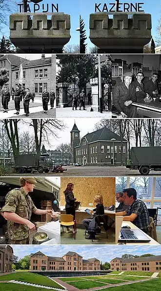 Beelden van de Tapijnkazerne: pylonen bij hoofdingang (2015) · beëdiging van officieren (1953) · hoofdingang (1955) · dienstplichtigen (1964) · legertrucks bij wachtgebouw (1991) · open dag kazerne (1997) · studielandschap Universiteit Maastricht (2015) · UM School of Business & Economics (2021)