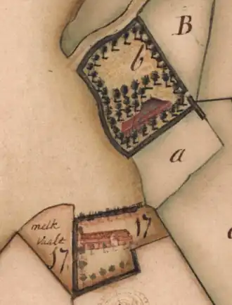 Fragment van de kaart van Teysinga uit 1731 met de beide boerderijen van Kleiwerd