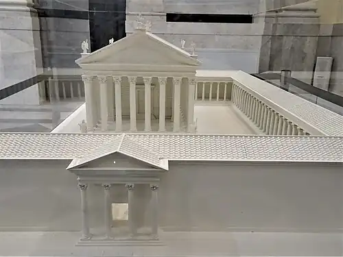 Maquette van tempel en portieken, gezien vanuit het oosten.