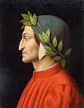 Italiaans schrijver Dante Alighieri (1265-1321) met een lauwerkrans om, geschilderd tussen 1800 en 1849