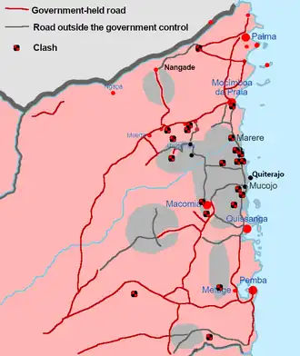 In grijs het gebied in Cabo Delgado onder controle van Ahlu Sunnah Wa-Jama