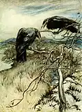 Een aantal rafen wil het lichaam van een dode ridder eten, maar zijn havik, honden en dame bewaken hem ('The Three Ravens', Child Ballad 26).