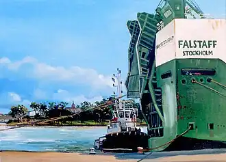 The Falstaff with the tug Woona