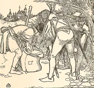 Much (links) en vier yeomen, afgebeeld door Howard Pyle in The Merry Adventures of Robin Hood of Great Renown, in Nottinghamshire uit 1911