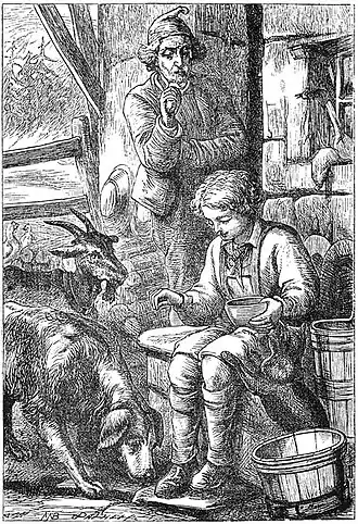 Rudy woont bij zijn grootvader en is vaak bij de geiten, de kat en de hond, illustratie door Alfred Walter Bayes, 1895.