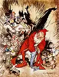 Santa vult de kerstssok in "Twas the Night Before Christmas", Arthur Rackham, 1915
