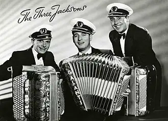 alt=The Three Jacksons in 1957. Van links naar rechts:
Piet van Gorp, Harry van der Velde, Piet Koopmans