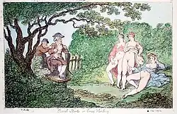 Drie vrouwen worden betrapt (karikatuur van Thomas Rowlandson)